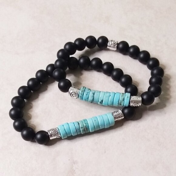 Minimalist! Turquoise Howlite Heishi Beads + Black Stone Beads! Coastal Cowgirl - Picture 2 of 9